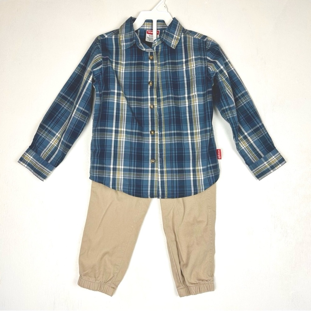 Wrangler | Toddler boys outfit pants & button up long sleeve plaid size 4T